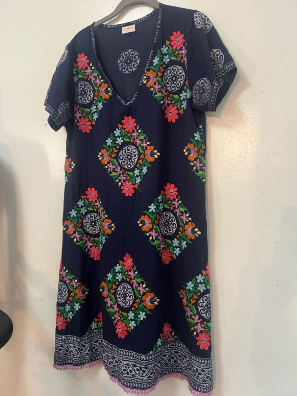 LULA SOUL Embroidered Navy Floral Midi‎ Dress SIZE S